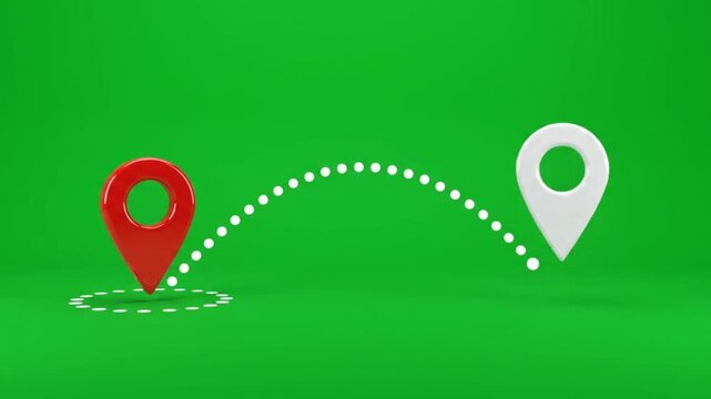 Red and White Location Pins with Dotted Route on Green Screen