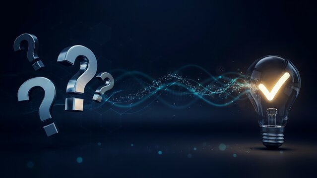 Three silver question marks hovering near light bulb with glowing yellow check mark representing problem solving solution finding process for business decision.