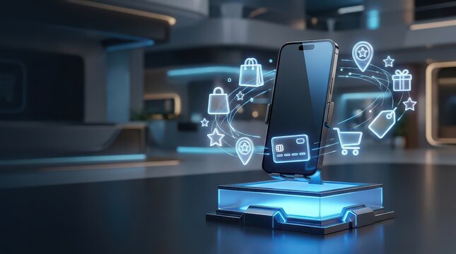 Futuristic smartphone displaying e-commerce icons and credit card on glowing pedestal mobile phone online shopping