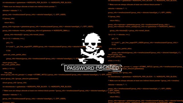 Cyber security alert: password cracked warning with skull and programming code background, hacking data breach