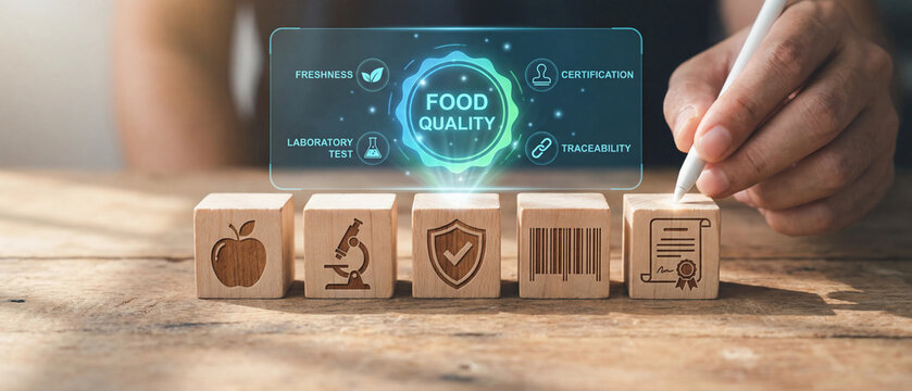 Food quality assurance and safety control concept featuring wooden blocks with icons and futuristic digital interface display