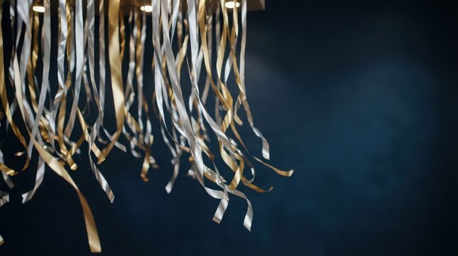 Gold and silver streamers hanging down against a dark blue background with soft lighting celebration
