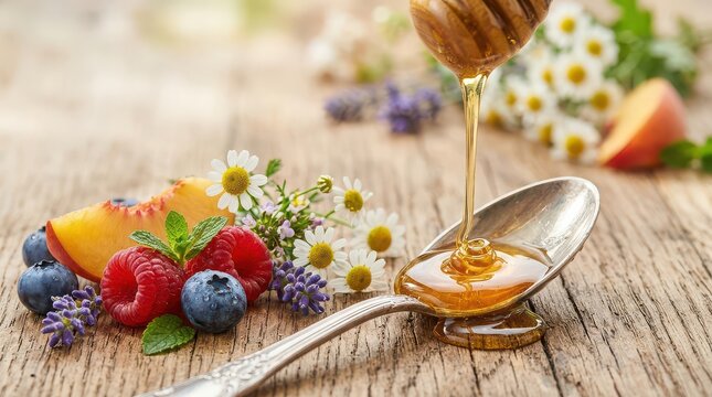 Golden Honey Dripping from Dipper into Spoon with Fresh Berries and Peach Slices on Wooden Table image