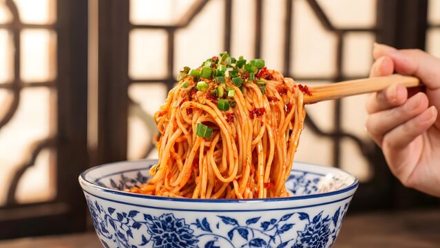 Spicy noodles in a bowl with chopsticks