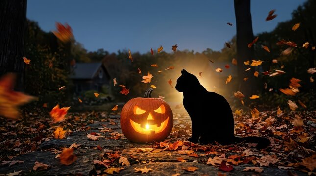 Halloween scene with a glowing jack-o'-lantern, black cat silhouette, and falling autumn leaves jack-o-lantern
