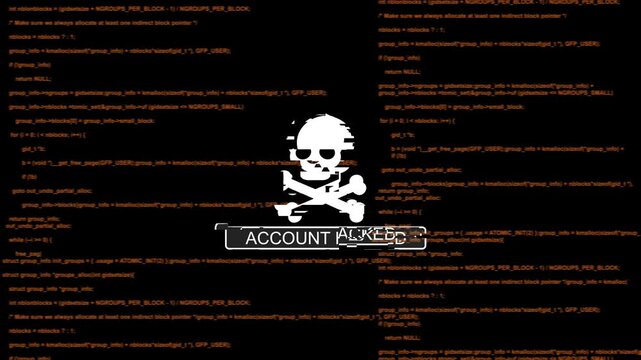 Account hacked warning alert with skull and cyber security programming code background, data breach skull warning