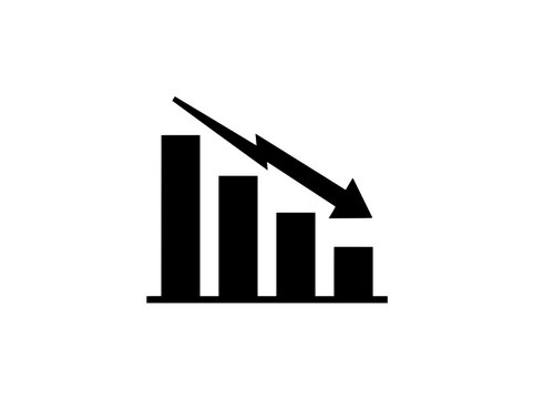 Minimalist declining chart icon, black arrow pointing down over bar graph, financial crisis loss symbol for business presentations