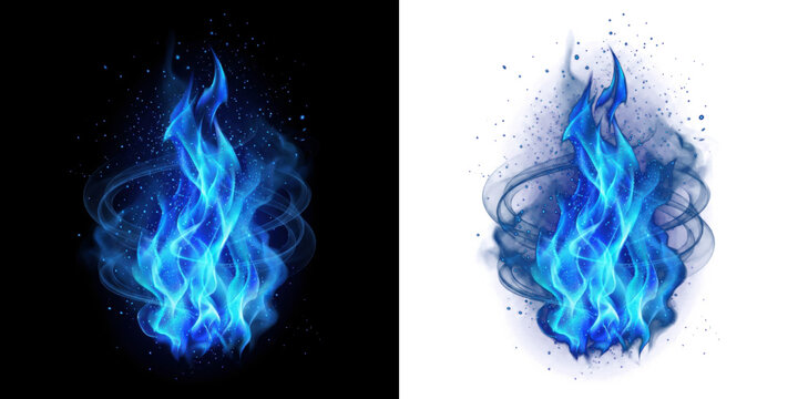 Abstract blue fire flame with glowing particles and smoke swirls isolated on transparent background