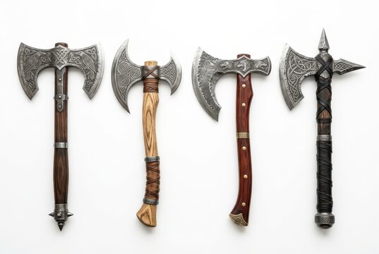 Set of Four Ornate Viking Battle Axes with Intricate Engravings and Wooden Handles Isolated on White Background