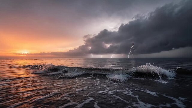 Dramatic Seascape with Lightning Strikes Over Ocean at Colorful Sunset
