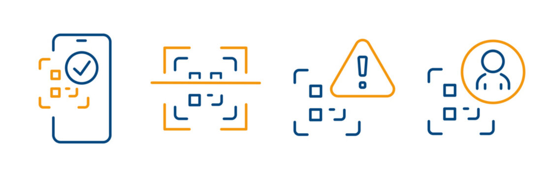 Qr code scan success, scanning or reading, qr code with warning sign or person, vector glyph icon set, outline icons