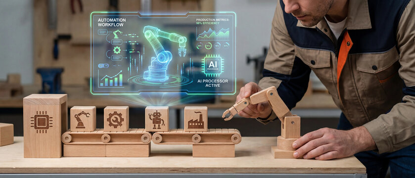 Skilled technician assembling wooden conveyor belt model with futuristic hologram interface displaying automated robotics workflow data
