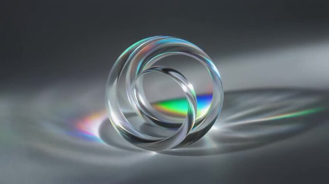 Abstract interlocking glass rings creating beautiful rainbow light refraction and caustic patterns on a surface