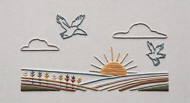 Minimalist hand embroidery on linen fabric depicting a sunrise over rolling hills with flying birds and simple cloud outlines in soft colors