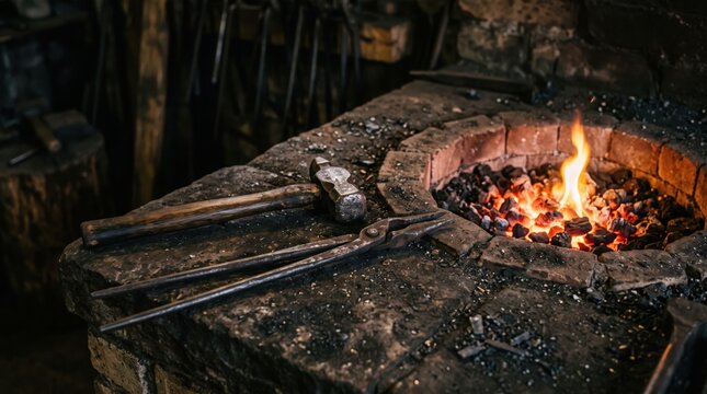 Blacksmith Tools Arranged Beside a Glowing Round Coal Forge