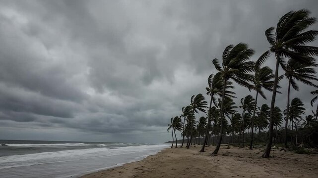 Dramatic Shoreline View with Dark Clouds and Swaying Palm Trees Under Impending Storm