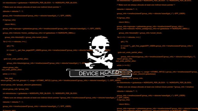 Cyber security alert: device hacked warning with skull and scrolling computer programming code background