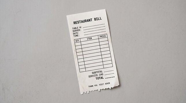 Blank restaurant bill check for tracking food service orders.