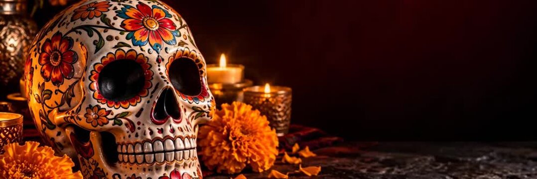 Decorated sugar skull with marigolds for Day of the Dead, website banner with copy space