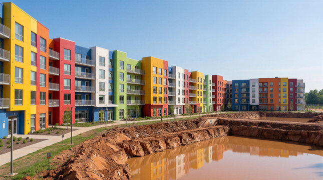 Vibrant student housing complex with colorful facades bordering a deep active clay quarry featuring large muddy retention ponds