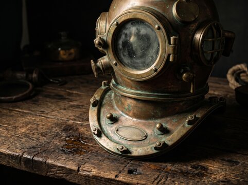 Vintage brass and copper deep sea diving helmet resting on a rustic wooden workbench