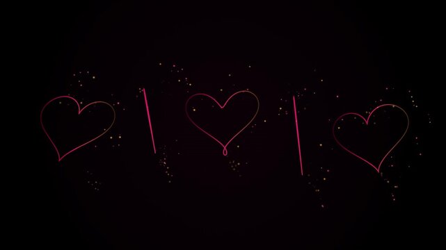 Glowing neon heart outlines on dark background, red glowing heart shapes with floating particles, romantic love overlay background for video