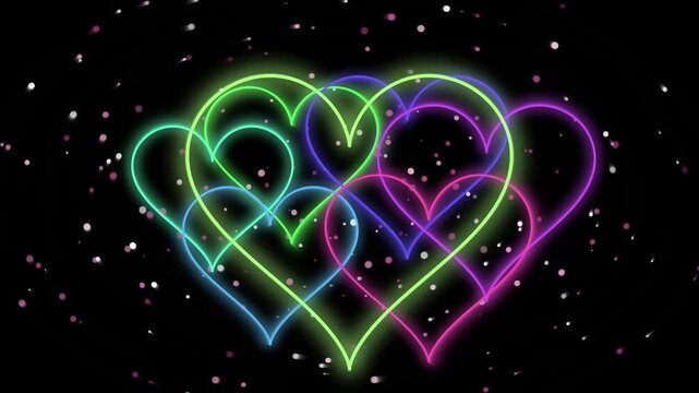 Glowing neon hearts background with sparkling glitter particles, colorful heart light outline backdrop, romantic love motion graphics for party overlay