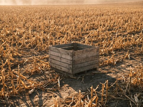 Empty wooden crate standing in a harvested corn field during the golden hour in a rural agricultural landscape