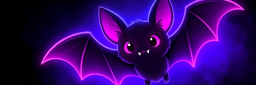 Neon bat for Halloween, wide website banner with copy space