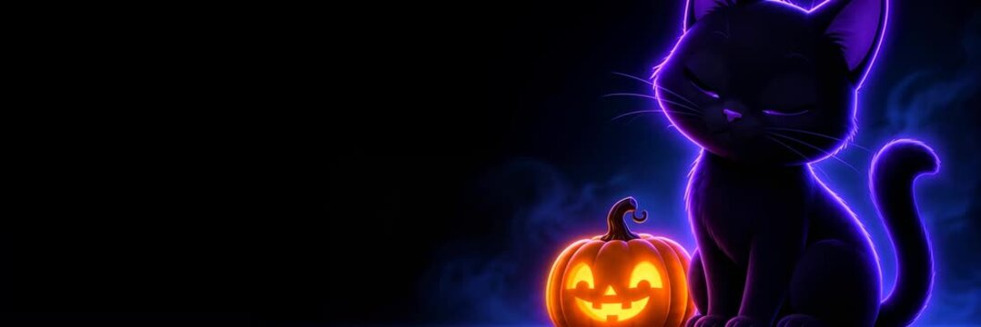Animated black cat and pumpkin for Halloween, wide website banner with copy space