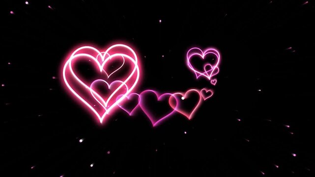 Glowing neon hearts animation on black background, romantic pink heart lights motion graphic, luminous love symbol overlay