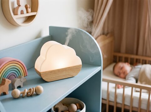 Cloud-shaped humidifier emitting mist on a blue shelf in a cozy nursery with a sleeping baby in the crib