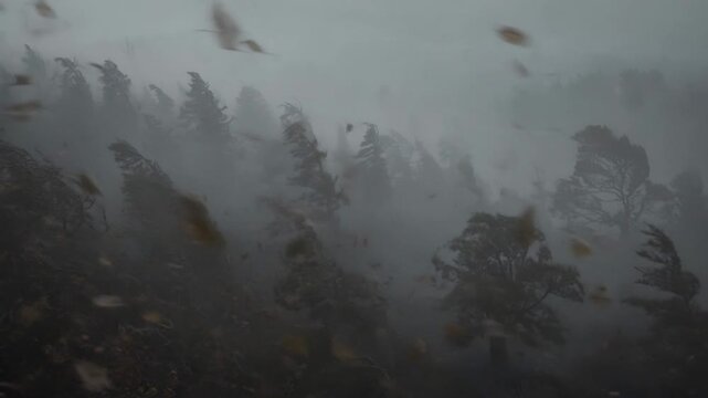 Dramatic Stormy Forest Landscape with Swirling Leaves and Dense Fog in Nature