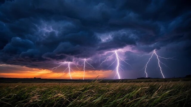 Dramatic Stormy Sky with Dark Clouds and Lightning Illuminating the Horizon at Sunset