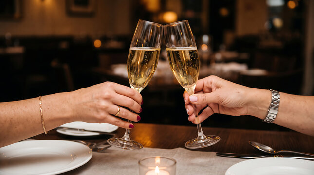 Elegant dining setting with champagne flutes and white plates on a table. Perfect for party invitations or formal event themes.