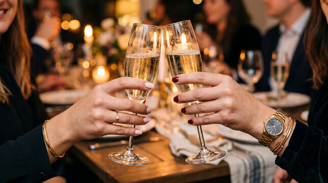 Two festive women with champagne glasses at a celebratory dinner party, adorned with elegant holiday table decorations. Perfect for festive event promotions and holidaythemed designs.