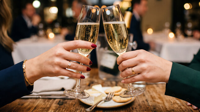 Celebratory image of hands holding champagne flutes with elegant decorations perfect for holiday, party, luxury lifestyle concept designs.