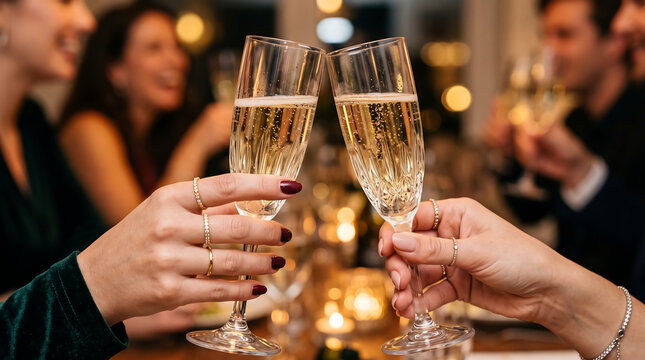 Sparkling champagne glasses, celebrating with blurred lights, perfect for holiday and party promotions, festive events, or new years eve designs.