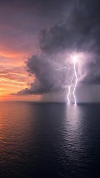 Dramatic Sunset Over Ocean Illuminated by Lightning and Thunderstorm Clouds