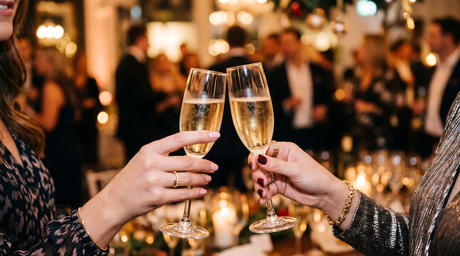 Two women celebrating with champagne flutes. Perfect for new years eve, celebrations, holidays, parties, and special occasions. Cheers.