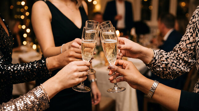 Formal event with people in evening attire, holding champagne glasses at a festive celebration. Suitable for upscale event promotion material.