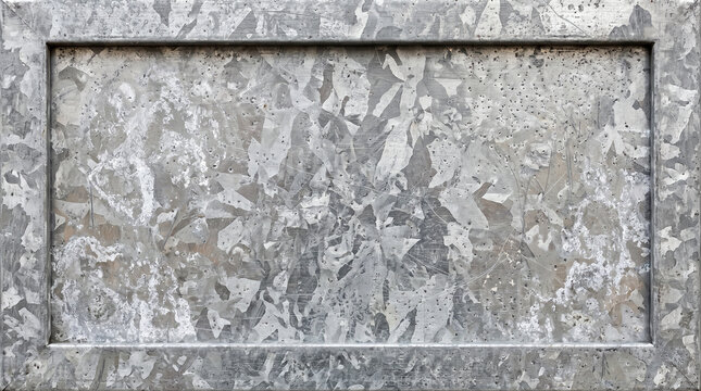 Rectangular frame made of galvanized steel with a textured metallic surface and copy space