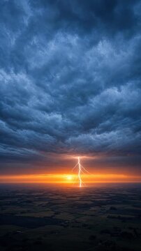 Dramatic Sunset Over Rural Landscape with Colorful Horizon and Cloudy Sky