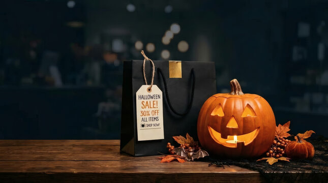Halloween Sale Jack-O'-Lantern Pumpkin With Shopping Bag and Seasonal Decorations on Wooden Table