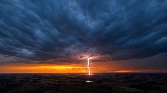 Dramatic Sunset with Lightning Strikes Illuminating Dark Clouds over a Scenic Landscape