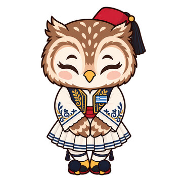 Cute Greek owl boy in fustanella with Greece flag badge