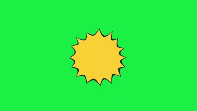 Bright yellow comic style sun icon with radiating rays isolated on a keyable green screen background