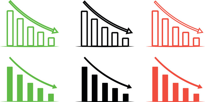 Declining bar chart vector icon set, financial loss graph with downward arrow in green black red, minimalist business recession statistics diagram