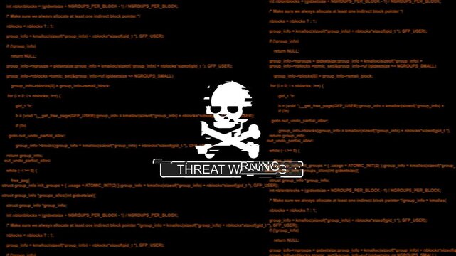 Cyber security threat warning with skull and digital source code background, hacker malware
