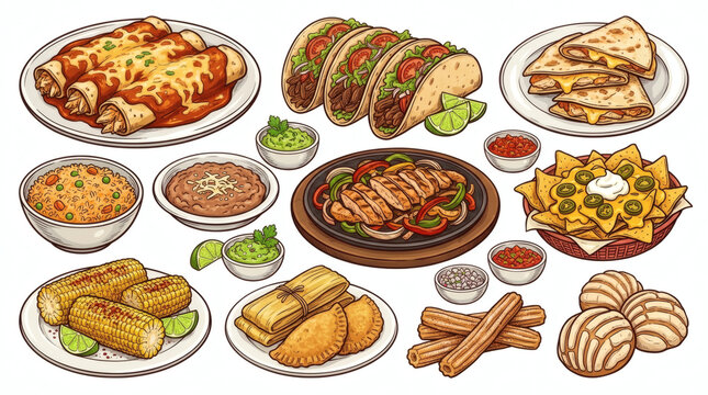 Mexican Food Menu Vector Set - Mexican Cuisine Dishes Isolated on White Background
